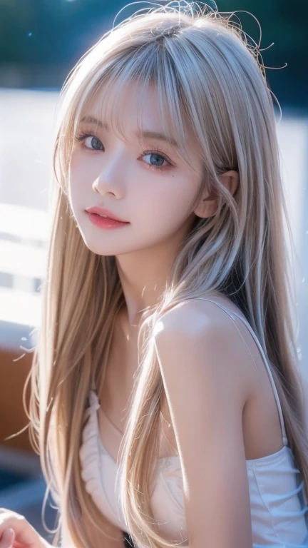 Original photo、(((Extreme beauty portrait)))、(( Shining White Skin ))、 1 girl、  cute beautiful girl in the world、((shiny light natural platinum blonde hair))、[very bright bright light blue eyes ]、Silky fine hair、Long straight blond hair 、 eyeliner 、bangs、hair between eyes、Fluttering Hair、((masterpiece、最 High Quality 、 super detailed 、 film light 、 high definition 、 very detailed))、 detailed background、8K UHD、 dslr camera for your birthday、 soft light during the cruise、 High Quality 、 shallow depth of field 、 natural soft light for a little smile、（perfect hand）、 perfect、 maid clothes、Extremely white shiny skin 、 cheek gloss highlights、目と目の間のbangs、目にかかるbangs