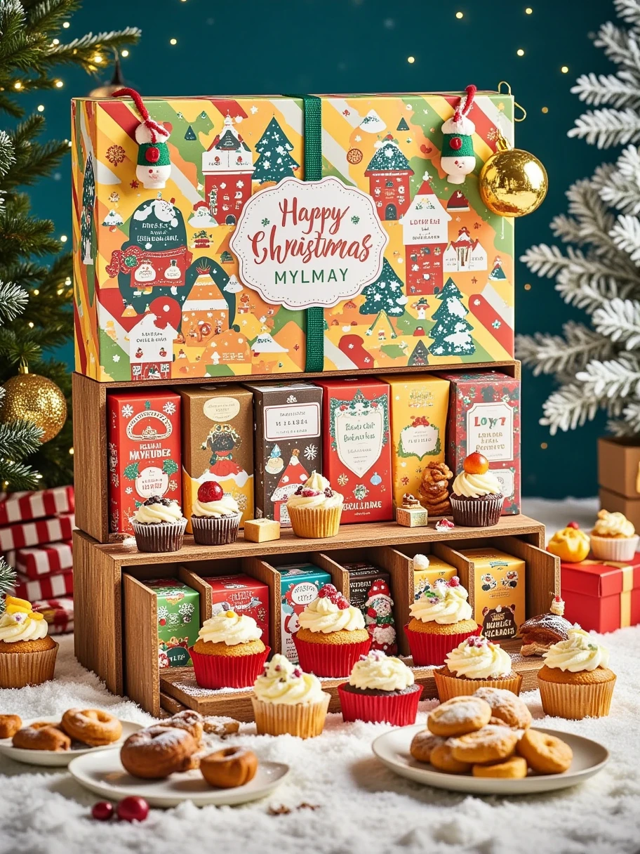 Depict a colorful and amusing package filled with a diverse array of festive objects. This could include items like shiny decorations, novelty toys, artistic stationery, and homemade sweets. It's bursting with creativity and joy, sure to elicit smiles from all who see it. The packing itself is decorated with charming illustrations, zig-zag patterns, and vibrant stripes. Be sure to include a variety of textures and materials within the contents of the package