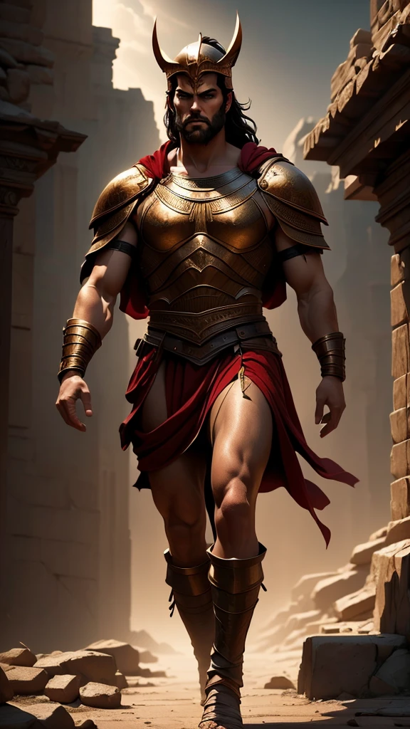 a 45 year old man, black hair, helmet ,prince of troy ,hector of troy, (best quality,4k,8k,highres,masterpiece:1.2),ultra-detailed,(realistic,photorealistic,photo-realistic:1.37),hyperrealistic,cinematic lighting,extremely detailed face and body,dramatic pose,epic scale,dramatic lighting,dark moody colors,chiaroscuro lighting,dramatic shadows, on the war, whole body, comic style, walking, in combat, show the feets