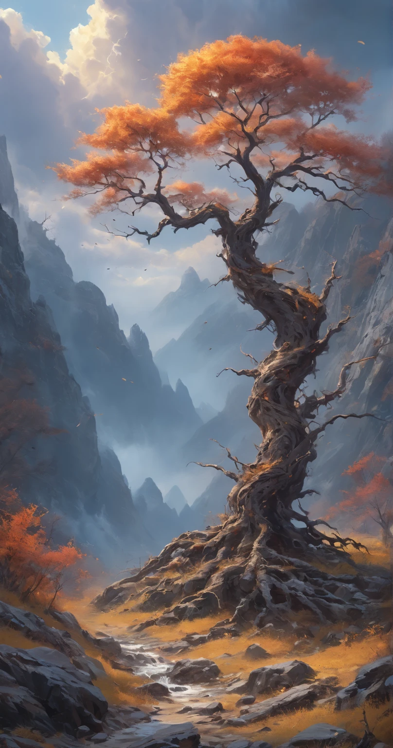 ( Curly expressive clouds  ), (storm), ( bright lighting ), (twilight), ( painted with sunset ) , (( sprawling bare tree without foliage with huge expressive roots)), (autumn), (rocks, stone texture , boulders),  ((the winding river )), (( in the distance is a thick forest )), 4K, concept art, fantasy, blue tones,     very detailed oil painting    , Aivaz style ,     High view from afar    (  in great detail ) , (  masterpiece fails), (  Realistic fantastic lighting ) , (bright colors), (bright light through clouds  ) , (  Lots of Details  ), (  high detail) , (( best composition )), (( cinematic composition )).
