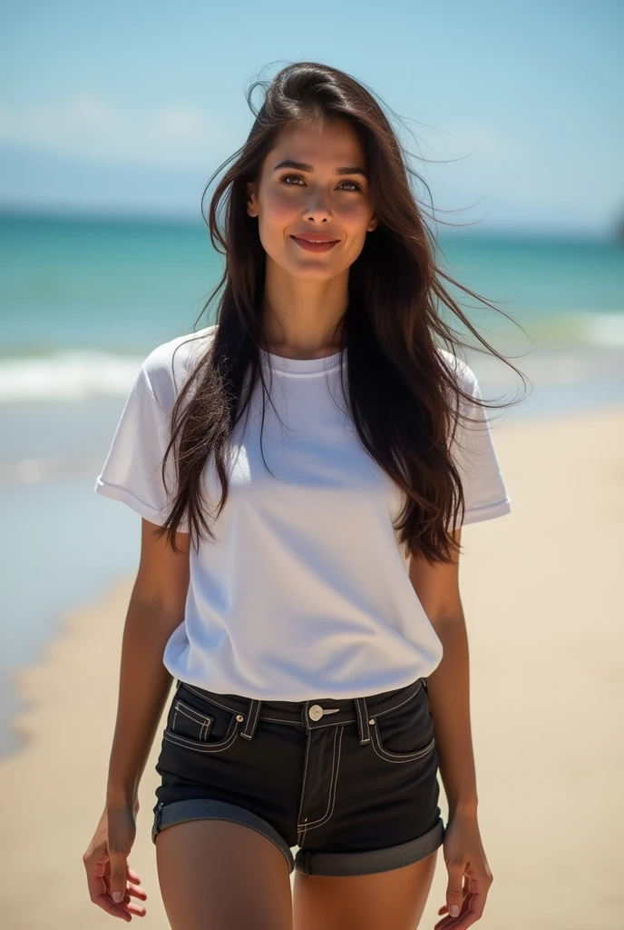 Gorgeous Indian girl Standing Gorgeous In Beach, Teen boys in background, White Sleeveless tshirt with shorts, UHD , Full screen Portrait, Full view, Photography
