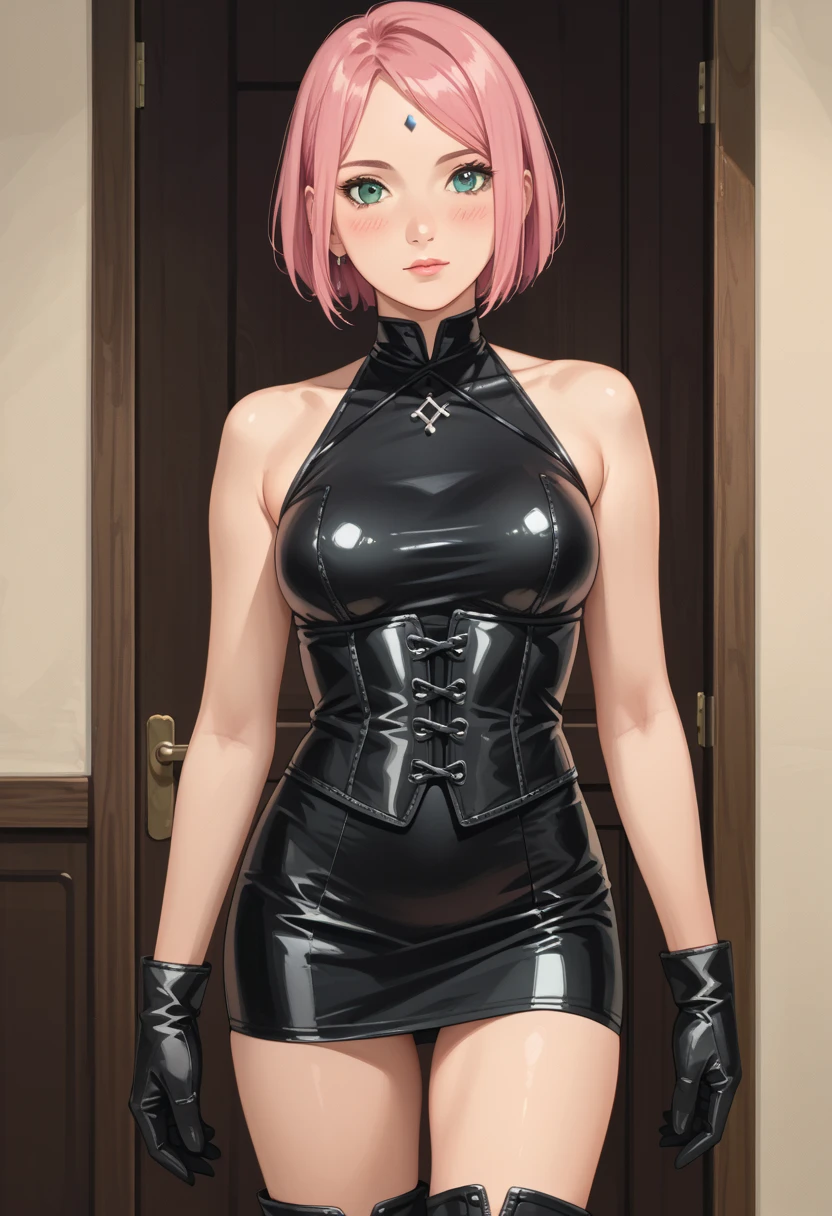 ((NSFW)), masterpiece,highest quality, High resolution, highly detailed face, Detailed CG, sakura haruno, green eyes, pink hair, short hair,medium breasts, diamond forehead mark, standing, black sandals, ((perfect body, beautiful body, beautiful legs, beautiful face))
(Long gloves covered in black latex all the way to the fingertips), (Black latex corset minidress), (Halter neck corset minidress), (Black latex tight miniskirt), (Black thigh-high boots),blush,looking at the viewer, in the village of konohagakure