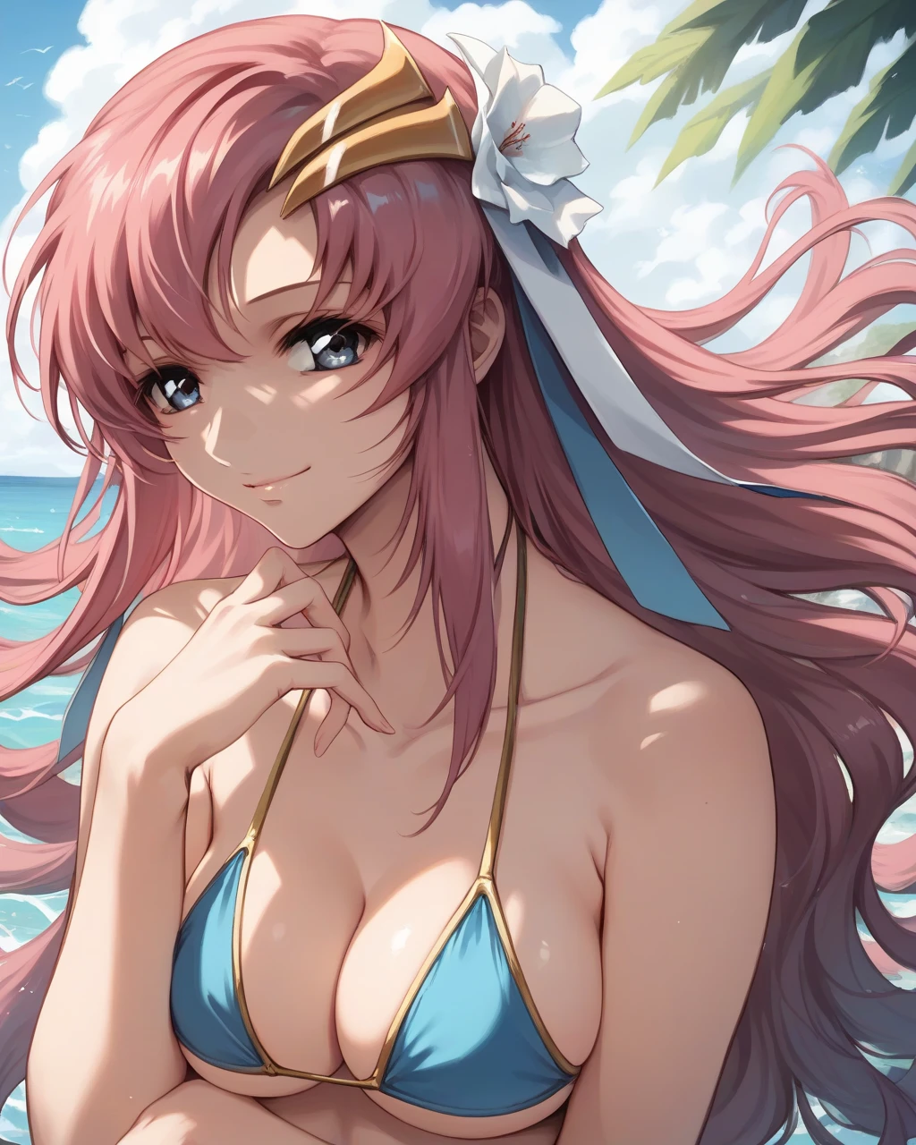 score_9,score_8_up,score_7_up,best quality, 4k, 
 very aesthetic,1girl,
Lacus Clyne, blue eyes, pink hair, long hair,hair ornament, ((wearing a light blue bikini)), detailed face, beautiful detailed eyes, large breasts, looking at viewer, sweet smile,dynamic angle, 