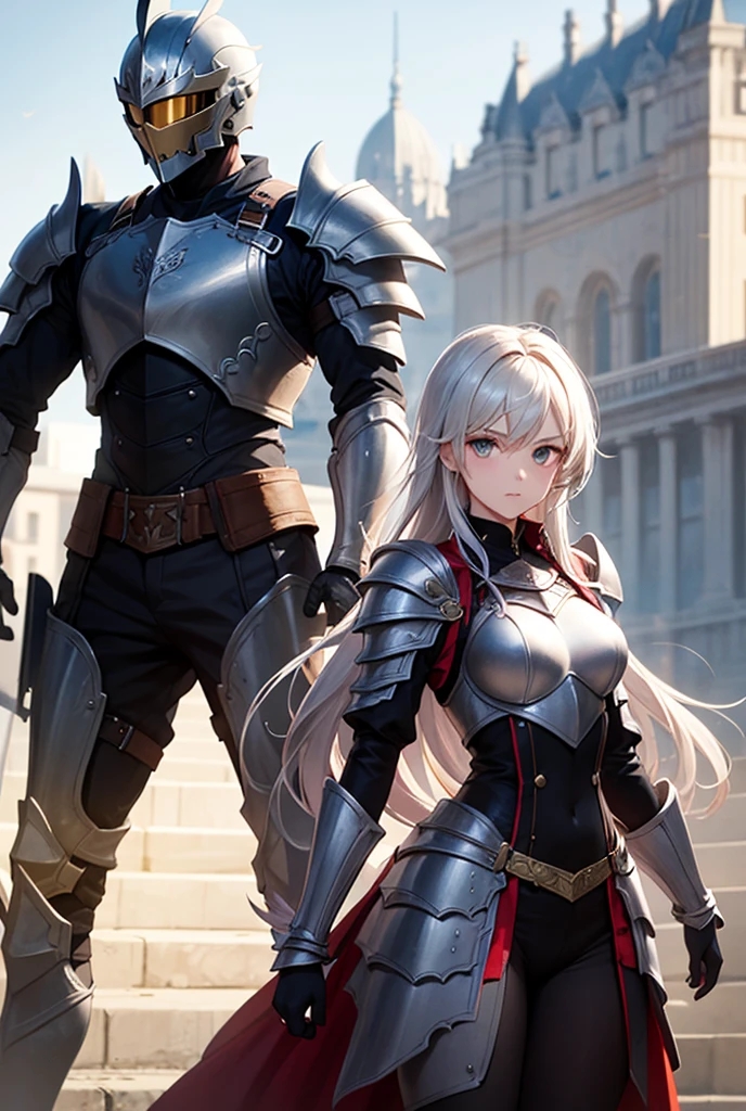 Character: Gender: Female Age: Mature (combines "veteran warrior" and "milf") Body type: Strong and athletic Skin: Very pale Hair: (details missing from prompt, can be added later) Attire: Armor: Full body, heavy armor (preferably red accents) Clothing: Red cape Adventurer's outfit (suggests practicality and readiness for exploration) Brown leather boots Pose: Full body standing Straight posture Symmetrical (implies a confident and imposing stance) Additional Notes: Avoid overly sexualized terms ("bimbo") Consider replacing "milf" with a descriptor that emphasizes experience, like "seasoned warrior" Optional details you can add: Hair color and style (e.g., long flowing braid, short and practical) Specific details about the armor (e.g., decorated breastplate, ornate helmet) Facial expression (e.g., determined, stoic)