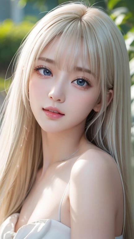 Original photo、(((Extreme beauty portrait)))、(( Shining White Skin ))、 1 girl、  cute beautiful girl in the world、((shiny light natural platinum blonde hair))、[very bright bright light blue eyes ]、Silky fine hair、Long straight blond hair 、 eyeliner 、bangs、hair between eyes、Fluttering Hair、((masterpiece、最 High Quality 、 super detailed 、 film light 、 high definition 、 very detailed))、 detailed background、8K UHD、 dslr camera for your birthday、 soft light during the cruise、 High Quality 、 shallow depth of field 、 natural soft light for a little smile、（perfect hand）、 perfect、 maid clothes、Extremely white shiny skin 、 cheek gloss highlights、目と目の間のbangs、目にかかるbangs