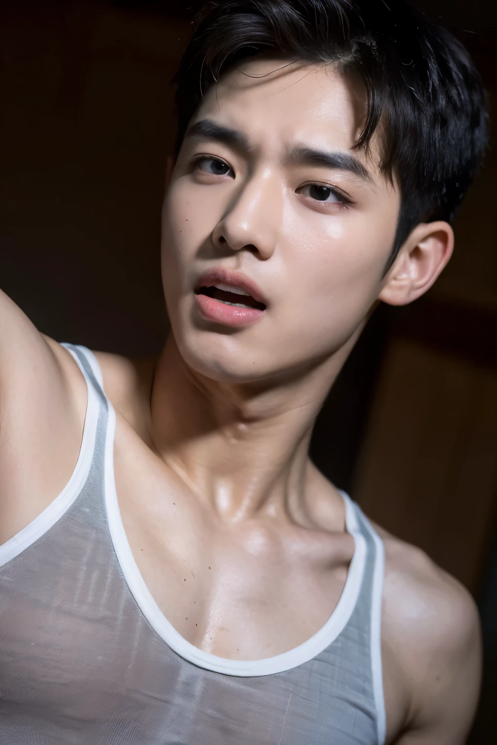 Best quality, High quality, A high resolution, 4K, Masterpiece, detailed face, South Korea, handsome boys, tank top,his mouth hanging open and a blank look in his eyes, a thin string of drool slowly dripping from his open mouth.