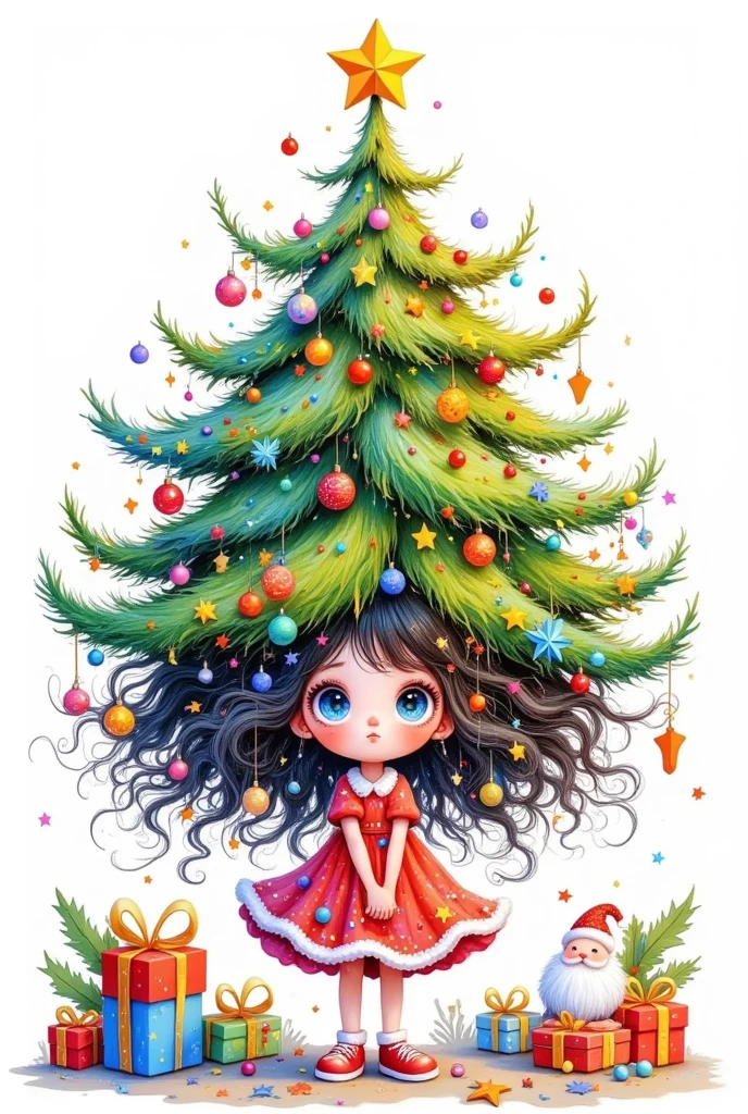 there is a cartoon girl with a christmas tree on her head, jen bartel, magical tree, seasons!! : 🌸 ☀ 🍂 ❄, colorfull illustration, a beautiful artwork illustration, with a tall tree, christmas tree, magic tree, fairy-tale illustration style, by JoWOnder, lady with glowing flowers dress, anime girl with cosmic hair, magical dress