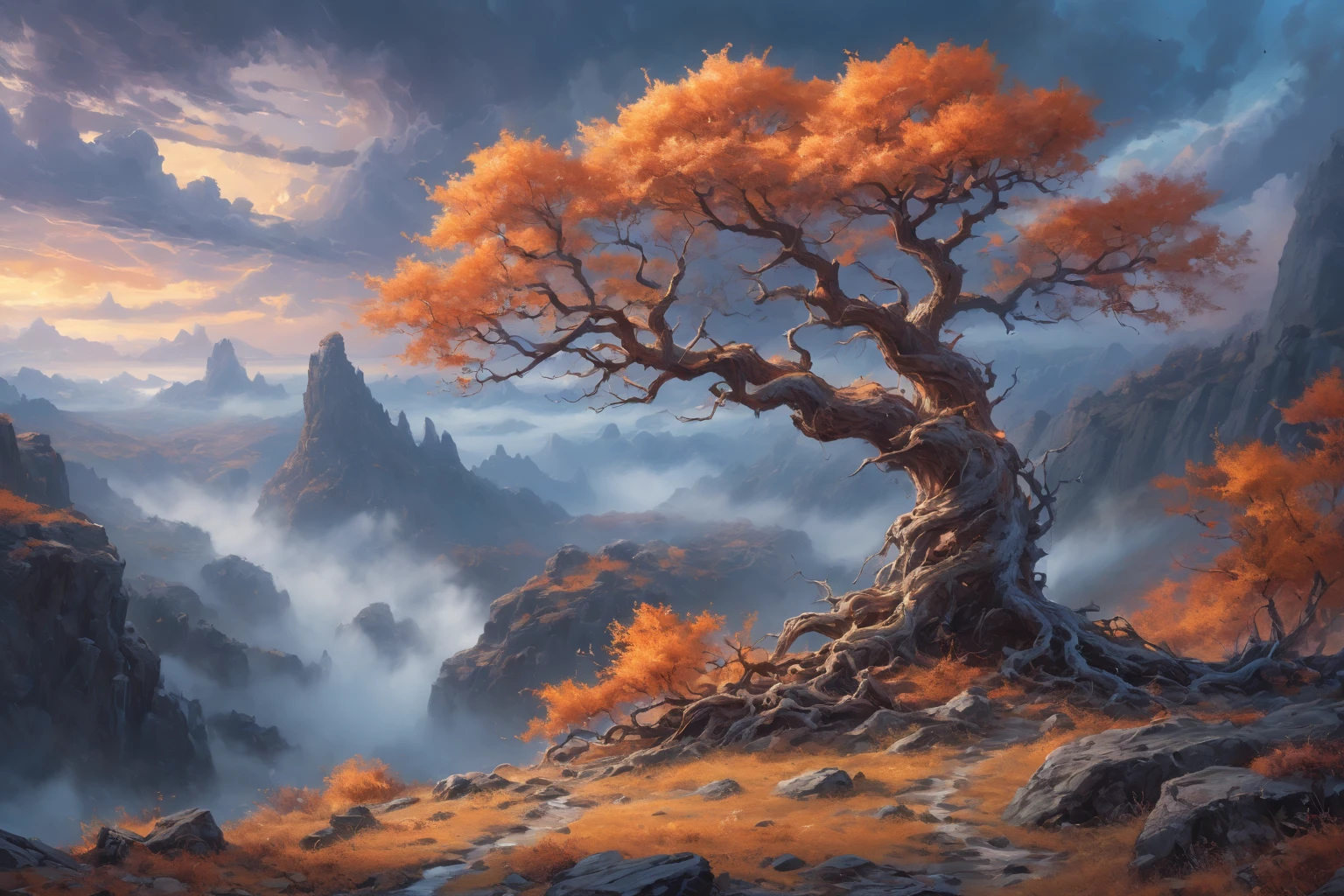 ( Curly expressive clouds  ), (storm), ( bright lighting ), (twilight), ( painted with sunset ) , (( sprawling bare tree without foliage with huge expressive roots)), (autumn), (rocks, stone texture , boulders),  ((the winding river )), (( in the distance is a thick forest )), 4K, concept art, fantasy, blue tones,     very detailed oil painting    , Aivaz style ,     High view from afar    (  in great detail ) , (  masterpiece fails), (  Realistic fantastic lighting ) , (bright colors), (bright light through clouds  ) , (  Lots of Details  ), (  high detail) , (( best composition )), (( cinematic composition )).
