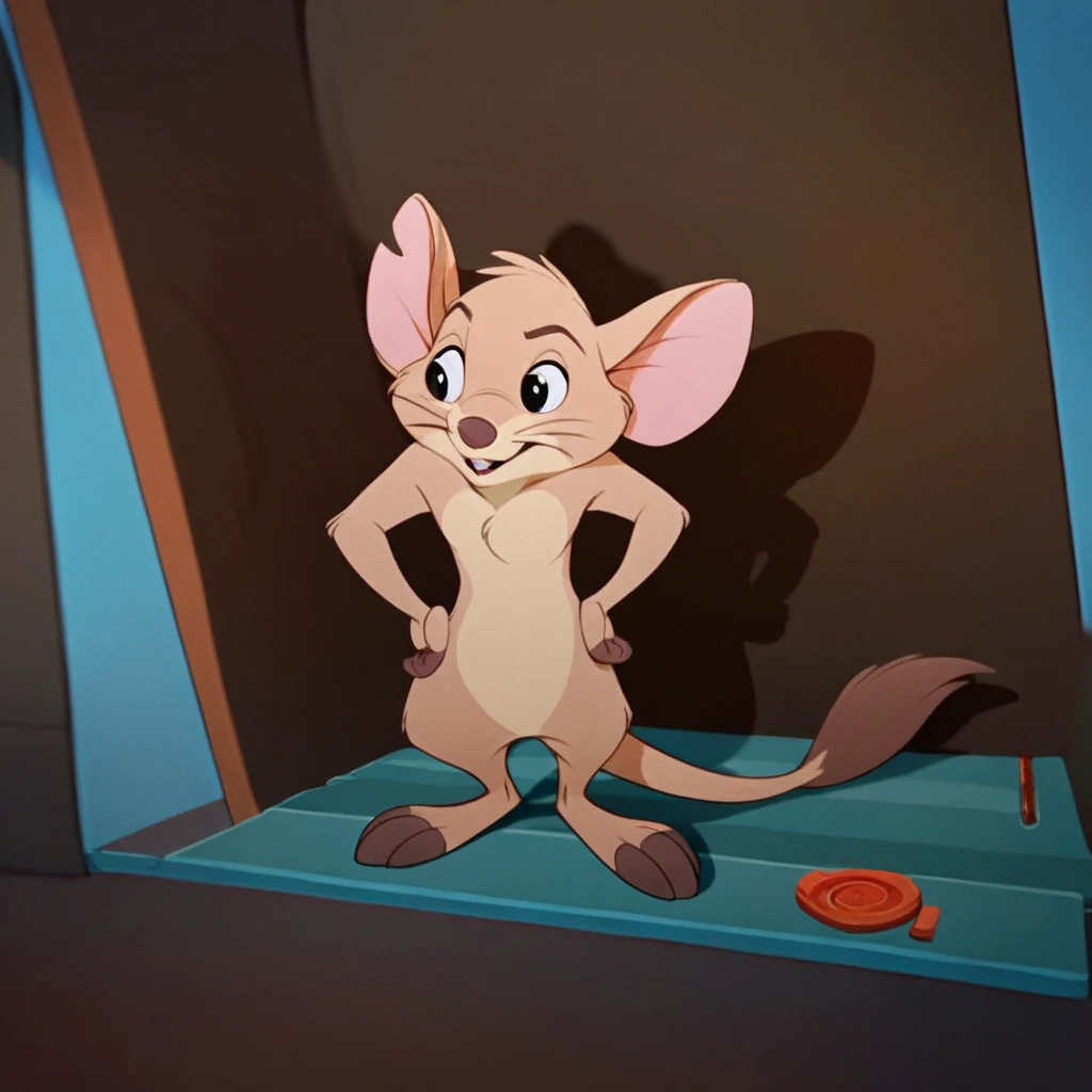 score_9, score_8_up, score_7_up, score_6_up, score_5_up, score_4_up, source_furry, jakerdu, semi-anhtro, male, kangaroo mouse, tan fur, naked, nude, standing, hands on hips, inside, full body, 