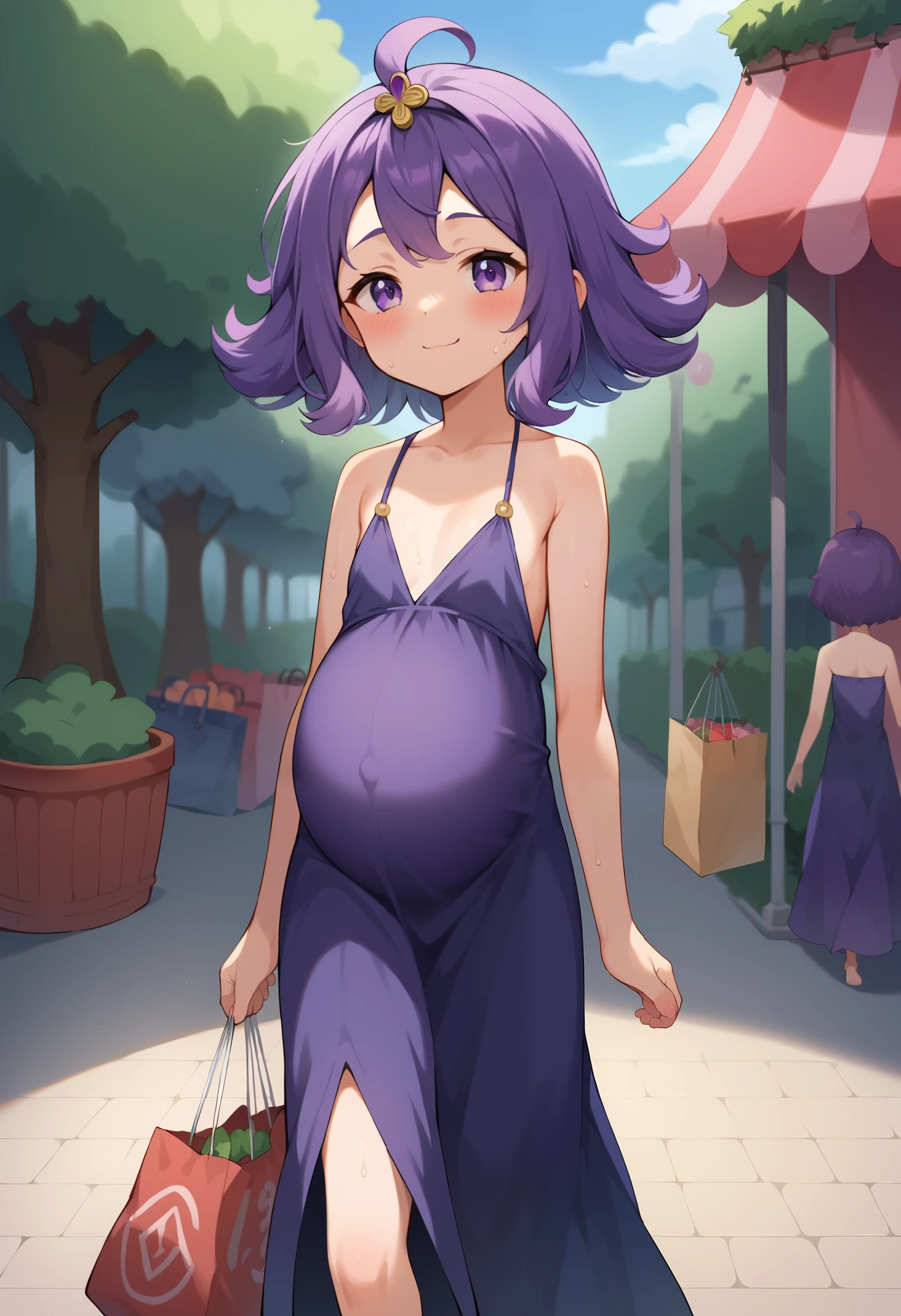 score_9, score_8_up, score_7_up, score_9, BREAK, dress, smile, (**li), pale skinned female, purple hair, background, 2D, medium shot, young, flat chest, girl, deep cleavage, revealing clothes, ba singsei, market background, prostitute, bangs, loose hair, acerola's dress, acerola's clothes, purple dress, purple skirt, long skirt, sweat, blush, disheveled, sloppily dressed, sleeveless, (loose clothes), half-dressed, loose cleavage, walking, market, just had sex, embarrassed, shopping bag, bag in hands, nude, alone, 1girl, 1 character, tree in background, pregnant, pregnancy, purple eyes, :3, 