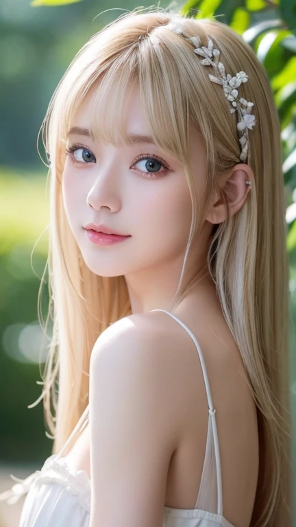 Original photo、(((Extreme beauty portrait)))、(( Shining White Skin ))、 1 girl、  cute beautiful girl in the world、((shiny light natural platinum blonde hair))、[very bright bright light blue eyes ]、Silky fine hair、Long straight blond hair 、 eyeliner 、bangs、hair between eyes、Fluttering Hair、((masterpiece、最 High Quality 、 super detailed 、 film light 、 high definition 、 very detailed))、 detailed background、8K UHD、 dslr camera for your birthday、 soft light during the cruise、 High Quality 、 shallow depth of field 、 natural soft light for a little smile、（perfect hand）、 perfect、 maid clothes、Extremely white shiny skin 、 cheek gloss highlights、目と目の間のbangs、目にかかるbangs