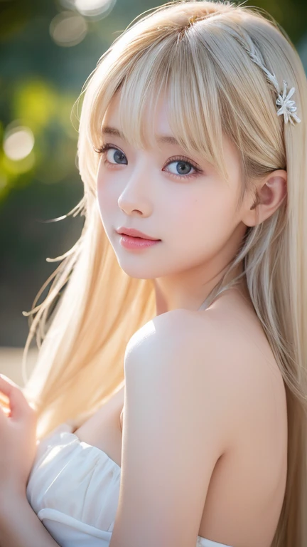 Original photo、(((Extreme beauty portrait)))、(( Shining White Skin ))、 1 girl、  cute beautiful girl in the world、((shiny light natural platinum blonde hair))、[very bright bright light blue eyes ]、Silky fine hair、Long straight blond hair 、 eyeliner 、bangs、hair between eyes、Fluttering Hair、((masterpiece、最 High Quality 、 super detailed 、 film light 、 high definition 、 very detailed))、 detailed background、8K UHD、 dslr camera for your birthday、 soft light during the cruise、 High Quality 、 shallow depth of field 、 natural soft light for a little smile、（perfect hand）、 perfect、 maid clothes、Extremely white shiny skin 、 cheek gloss highlights、目と目の間のbangs、目にかかるbangs