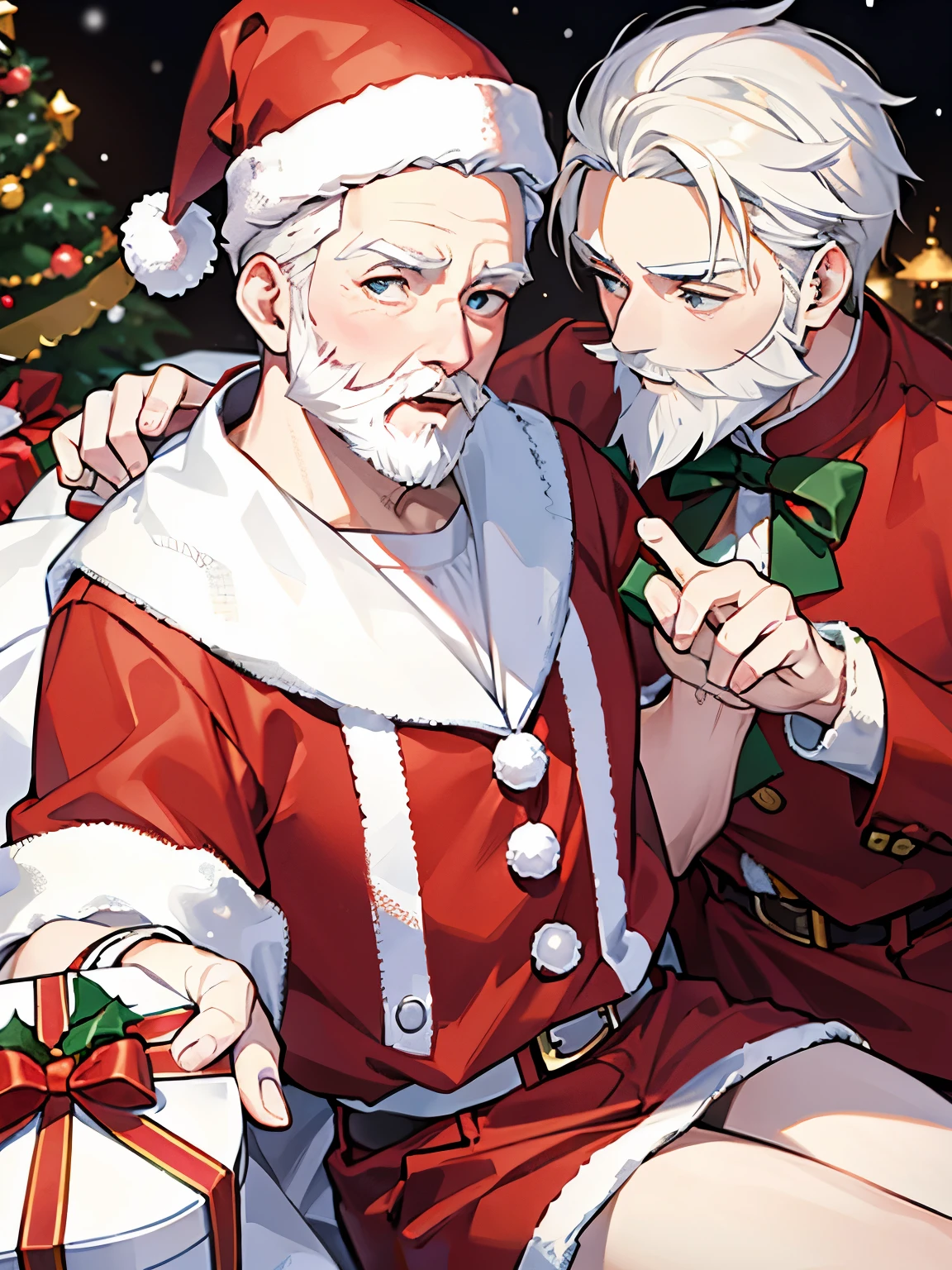 santa-girl, white haired woman, santa ourfit, boots, kneeling, side view, blowjob, hat, living room, long sleeves, red pantyhose, black belt, shota-boy, at night