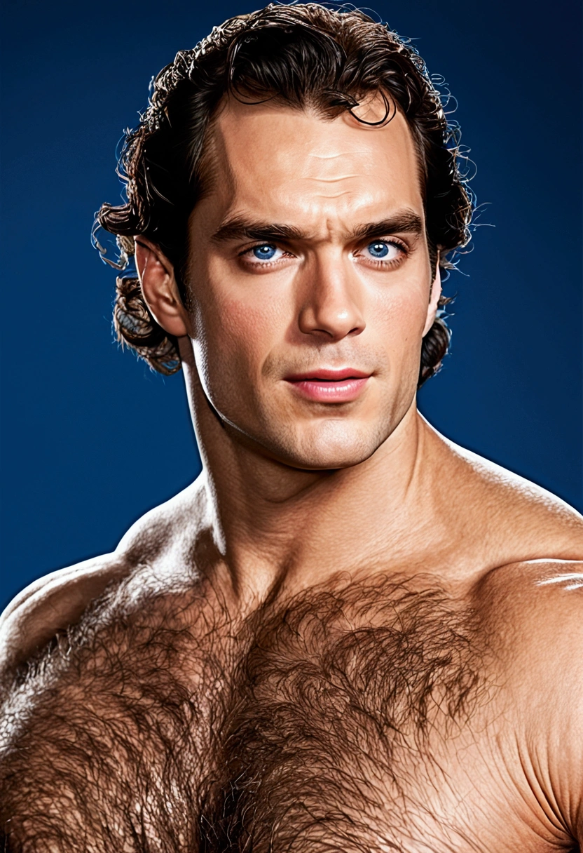 Generate a high-resolution, realistic image of Henry Cavill, the British actor known for his robust physique and captivating features. He stands at 1.85 meters tall (6'1" in feet and inches) and often portrays strong characters like Superman and Geralt of Rivia. Henry's strong muscular, well-defined body is the product of his disciplined exercise regimen, weighing approximately 90 kg. His dark brown hair and piercing blue eyes are complemented by his perfect skin. His muscular and beautiful body is covered in rich, curly, manly hair. Capture his strength and elegance, showcasing his versatility as an actor and his iconic status in Hollywood.