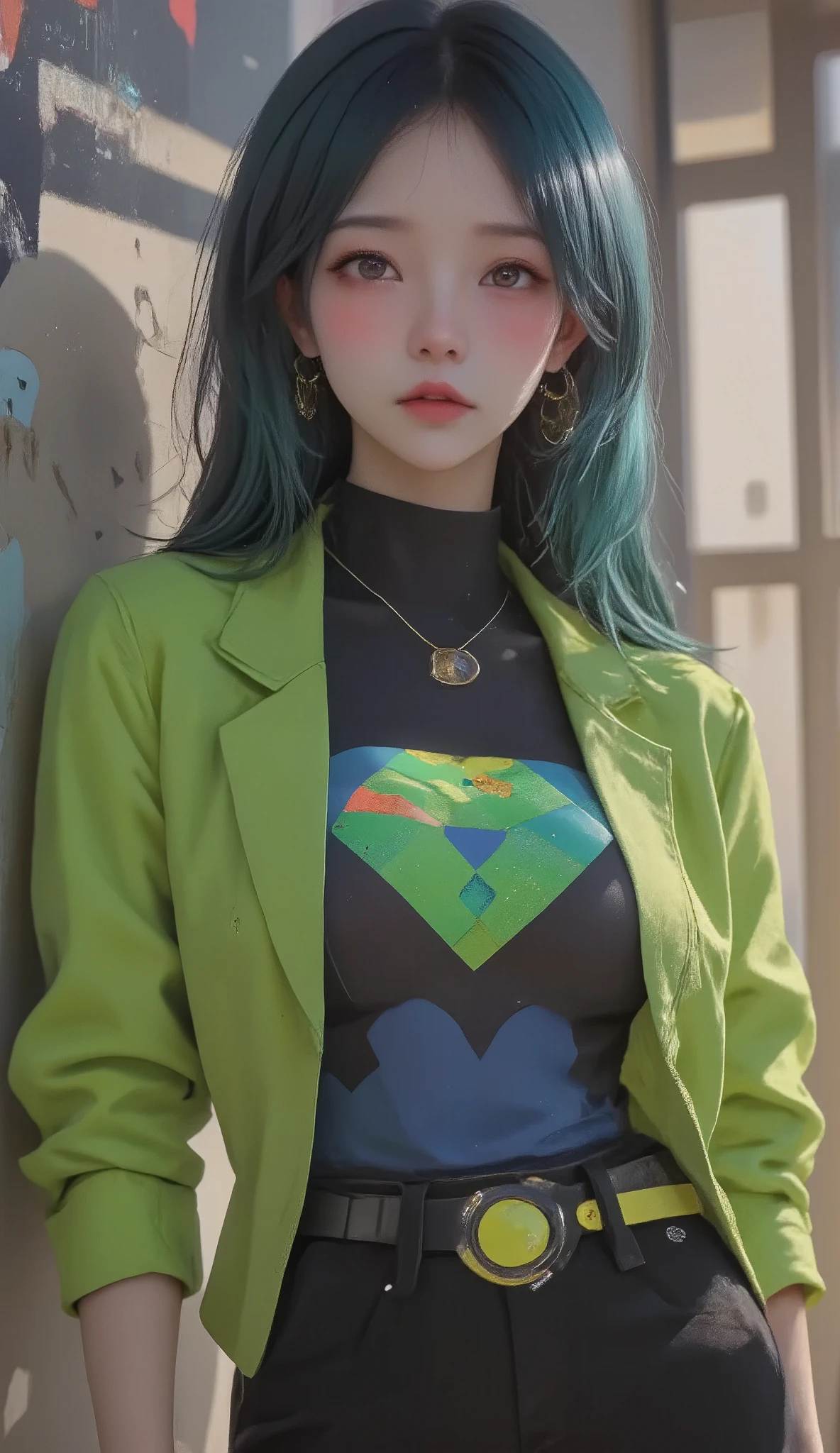  Young Kpop girl with long dark blue ,  pretty face, irresistible, Sitting position, establish, serious face,  half full body show , tatuajes, She wears a black open jacket ,  blue and green hair mixed with a large and long shirt ,  Long black pants with belt , Paint background, pop star,  has messy lime green hair ,  and a green suit with a diamond .  She has a normal general appearance of Putt Putt Troll ,  since most of them resemble their appearance with exceptions such as Viva.  Her outfit is a reference to golfers' golf attire ..