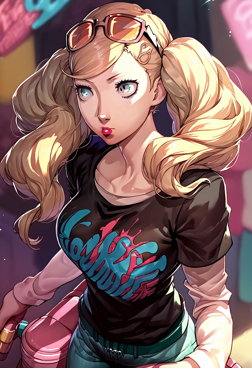 1 girl, sunglasses on head, lipstick, black t-shirt, clothes writing, layered sleeves, large breasts, jeans, Ann Takamaki, blue eyes, blonde hair, twintails,