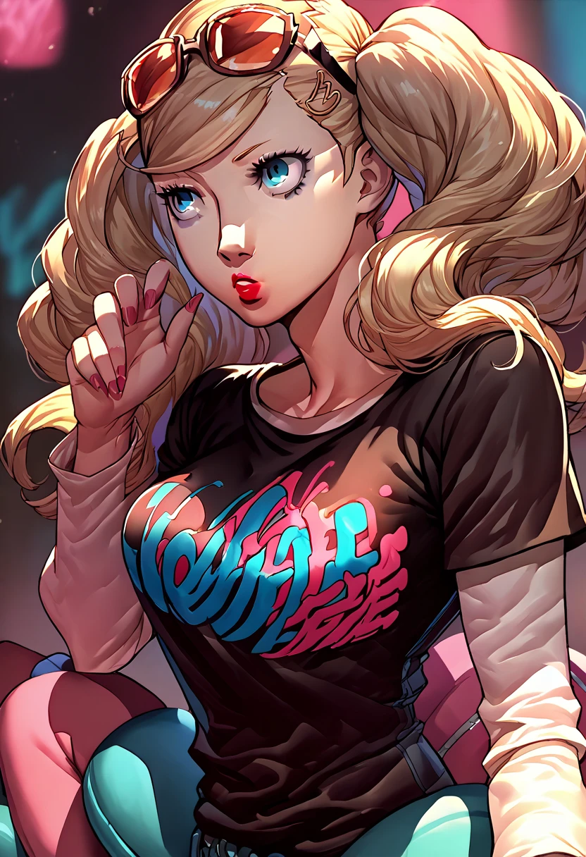 1 girl, sunglasses on head, lipstick, black t-shirt, clothes writing, layered sleeves, large breasts, jeans, Ann Takamaki, blue eyes, blonde hair, twintails,