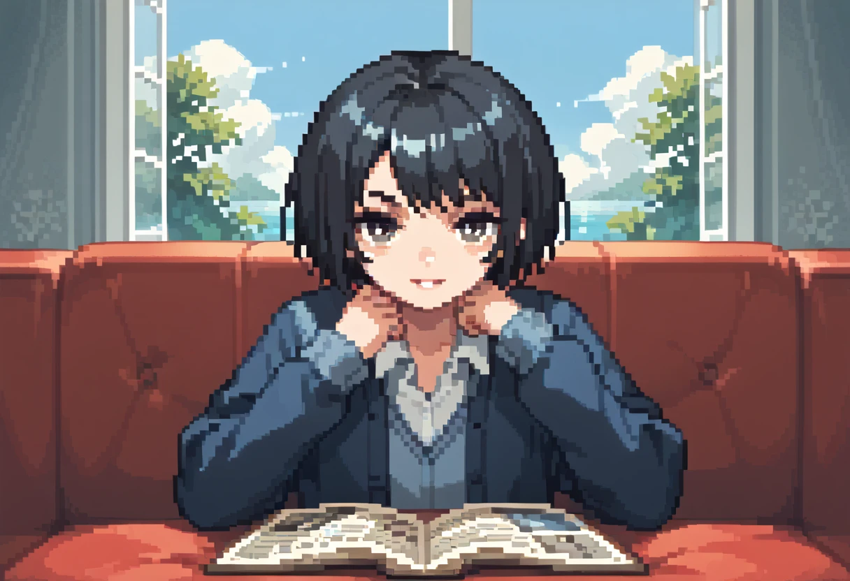  pixel art、solo,2D, beautiful illustration ,close up face,detailed face,from front,from adove,throw,lounge,Sitting facing the Viewer on a square table, looking at viewer,School uniform, Cardigan,black hair ,short hair,bags、Sofa,Window、 big window