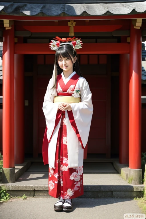 white and red shrine maiden clothes、beautiful shrine maiden、Black Hair Upstyle、((whole body))、(((photo taken from below)))、River bank