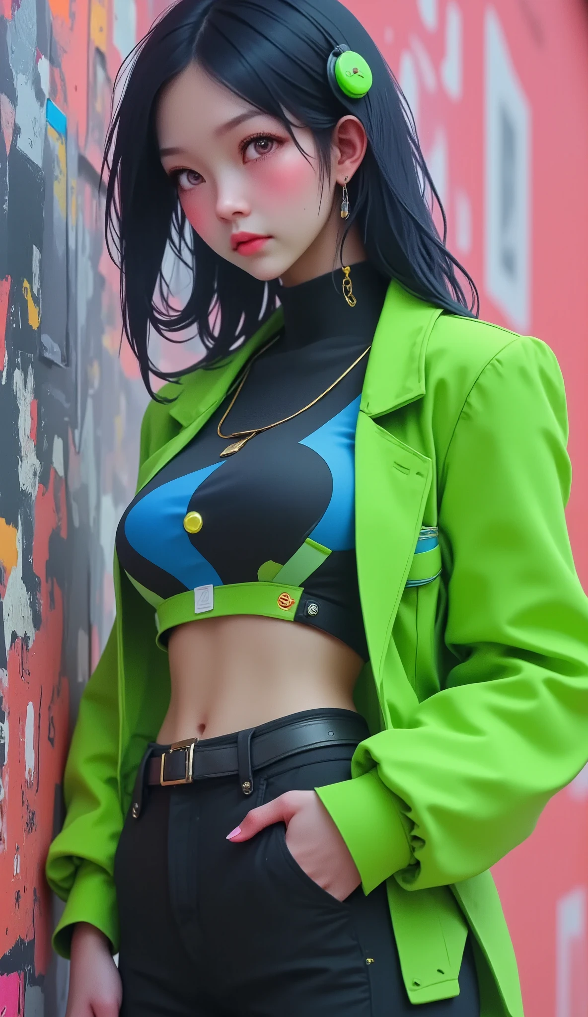  Young Kpop girl with long dark blue ,  pretty face, irresistible, Sitting position, establish, serious face,  half full body show , tatuajes, She wears a black open jacket ,  blue and green hair mixed with a large and long shirt ,  Long black pants with belt , Paint background, pop star,  has messy lime green hair ,  and a green suit with a diamond .  She has a normal general appearance of Putt Putt Troll ,  since most of them resemble their appearance with exceptions such as Viva.  Her outfit is a reference to golfers' golf attire ..