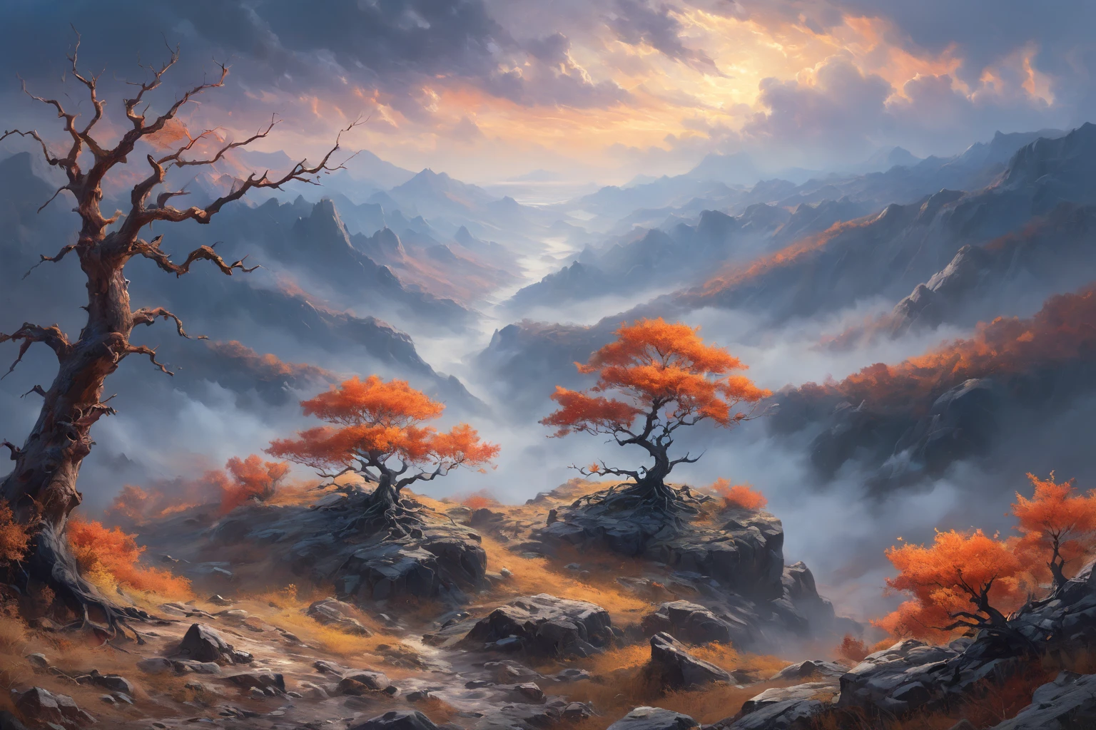 (fertile valley), ( Curly expressive clouds  ), (storm), ( bright lighting ), (twilight), ( painted with sunset ) , (( sprawling bare tree without foliage with huge expressive roots)), (autumn), (rocks, stone texture , boulders),  ((the winding river )), (( in the distance is a thick forest )), 4K, concept art, fantasy, blue tones,     very detailed oil painting    , Aivaz style ,     High view from afar    (  in great detail ) , (  masterpiece fails), (  Realistic fantastic lighting ) , (bright colors), (bright light through clouds  ) , (  Lots of Details  ), (  high detail) , (( best composition )), (( cinematic composition )).
