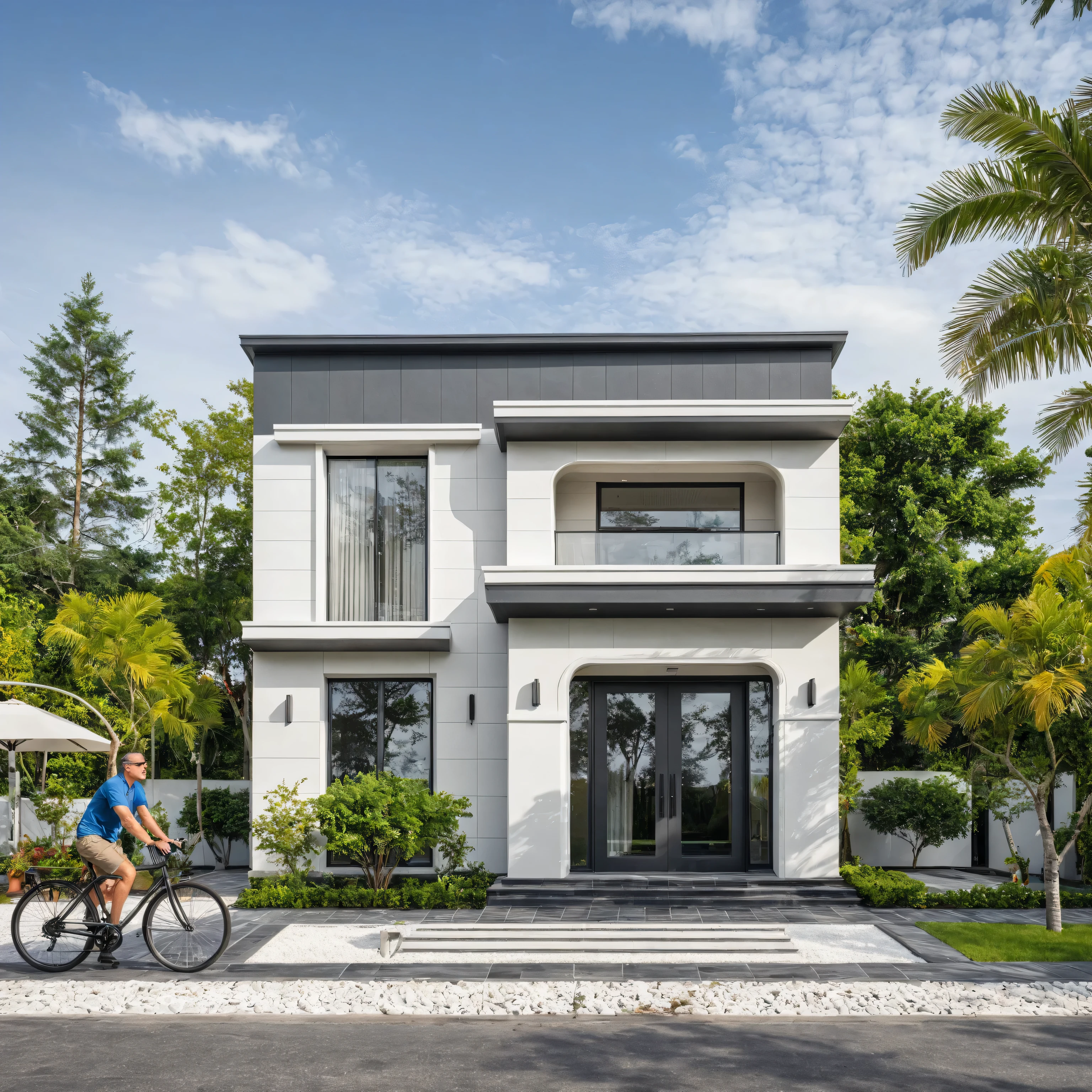 (masterpiece:1.2), best quality, photo of A two-story modern house with white walls and dark gray tiles on the roof., tree and plant, streetcapes, natural light, The exterior of an elegant single family home features large windows, ((a dark gray door frame)).