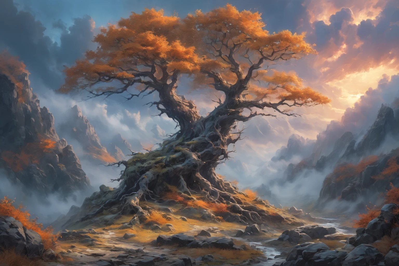 ( Curly expressive clouds  ), (storm), ( bright lighting ), (twilight), ( painted with sunset ) , (( sprawling bare tree without foliage with huge expressive roots)), (autumn), (rocks, stone texture , boulders),  ((the winding river )), (( in the distance is a thick forest )), 4K, concept art, fantasy, blue tones,     very detailed oil painting    , Aivaz style ,     High view from afar    (  in great detail ) , (  masterpiece fails), (  Realistic fantastic lighting ) , (bright colors), (bright light through clouds  ) , (  Lots of Details  ), (Green tones), (  high detail) , (( best composition )), (( cinematic composition )).
