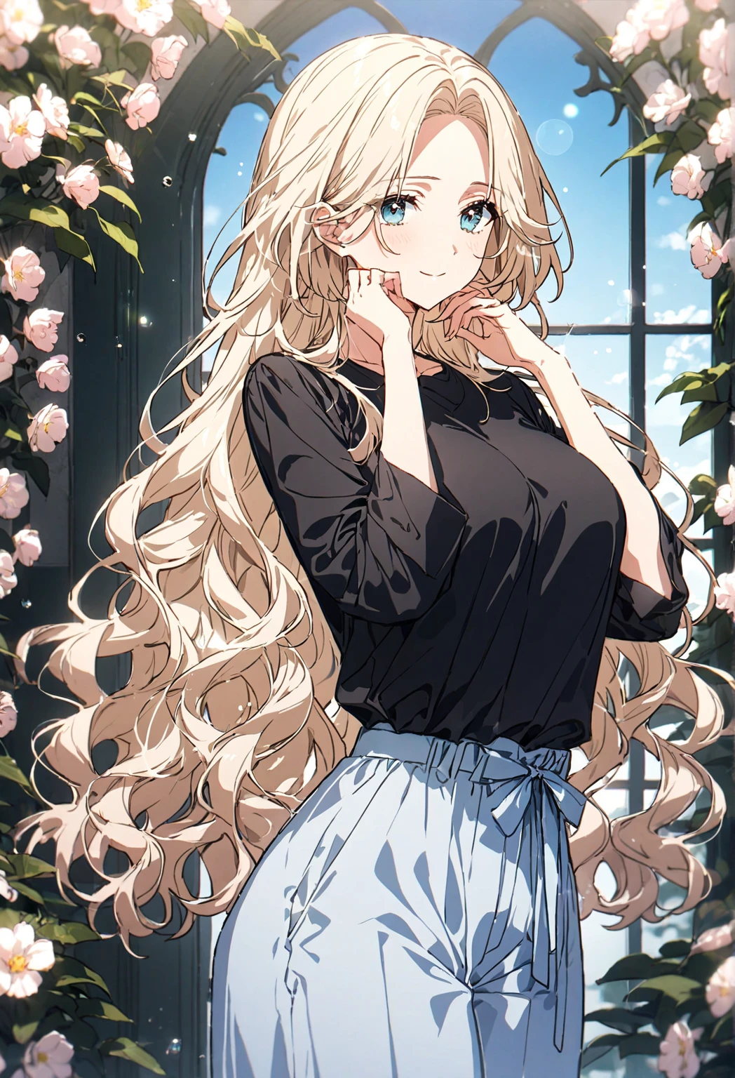 Tatiana Cartien, ((front view)), masterpiece, best quality, ultra-detailed, stunning visuals, 8K, soft lighting
Solo, alone, mature woman, adult woman, calm, elegant, beautiful, busty housewife
Pastel peach long wavy hair, Half-up, half-down with a few loose strands framing her face. A simple ribbon adds a subtle, innocent touch without being flashy. Large, doe-like eyes with long lashes, reflecting her purity and shy nature. Eye color is a soft sky blue to give her a dreamy, innocent look.
She is wearing a black shirt and ((flowing pant))
Standing, both hands and arms are behind her back, close mouth, sweet smile, looking gently at the viewer
Summer vibe in the air, blue sky, beautiful flowery garden, cinematic depth of field, soft bokeh