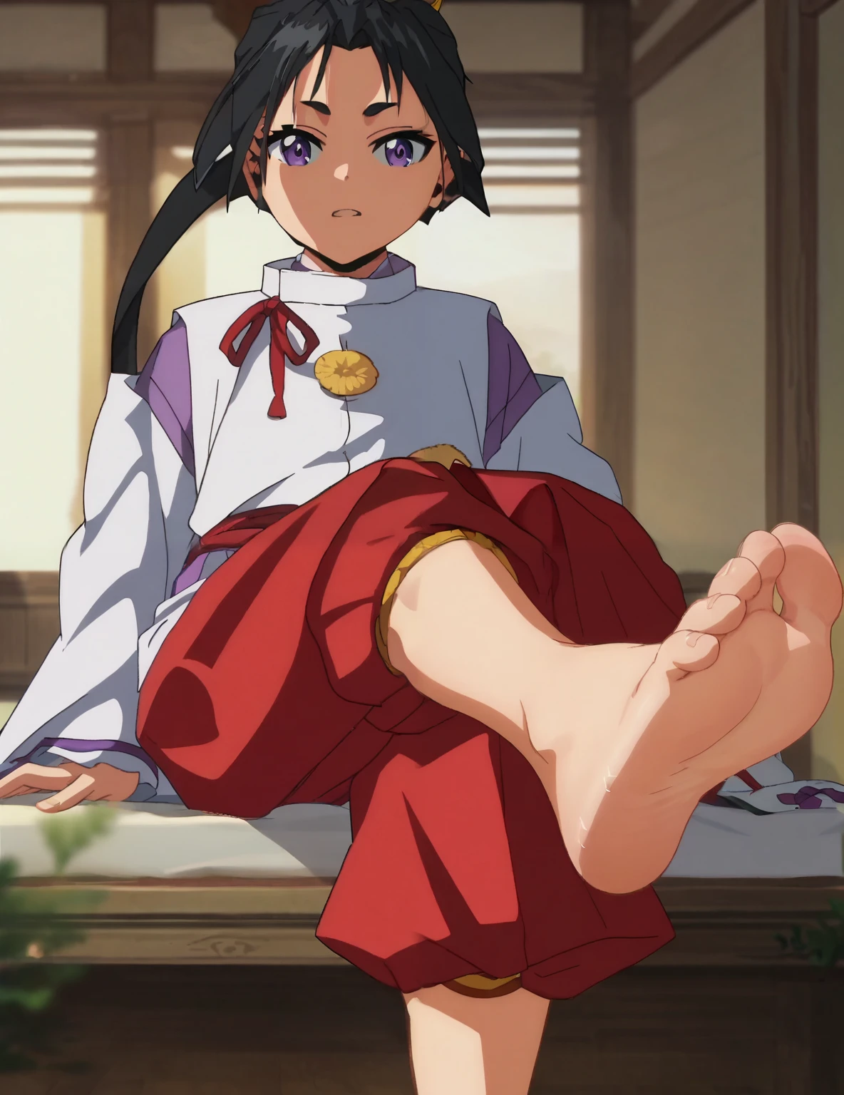 Source_anime, score_9, score_8_up, score_7_up, anime screencap, 8k, absurd res, Tokiyuki Hojo, 1boy, solo, official style, cowboy shot, ANIME SCREENCAP, anime coloring, barefoot, perfect feet, anatomically correct, soles, focal length 35mm, each foot has five toes, front, symmetrical soles barefoot, foot focus, in his room, looking at viewer, sitting on the bed, lifting legs to show his soles, white kimono, purple undershirt, red hakama