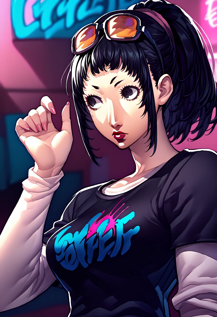 1 girl, sunglasses on head, lipstick, black t-shirt, clothes writing, layered sleeves, large breasts, jeans, Shiho Suzui, black eyes, black hair, ponytail,