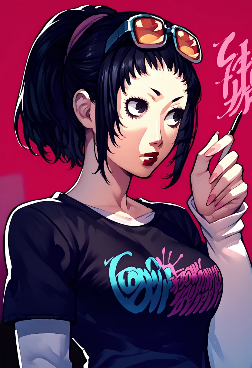 1 girl, sunglasses on head, lipstick, black t-shirt, clothes writing, layered sleeves, large breasts, jeans, Shiho Suzui, black eyes, black hair, ponytail,