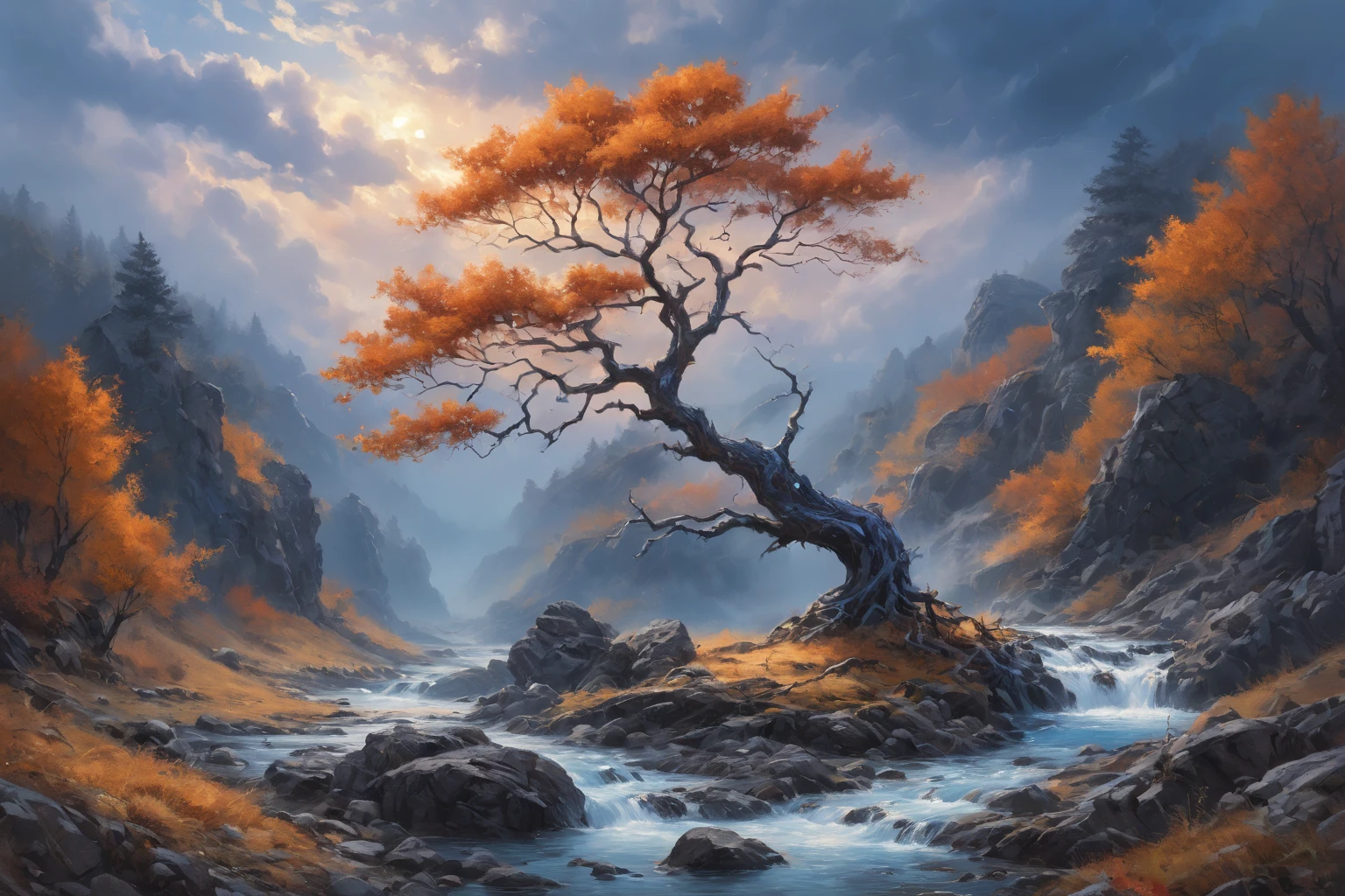 ( Curly expressive clouds  ), (storm), ( bright lighting ), (twilight), (( is a small blue winding arm )) ,( painted with sunset ) , (( a sprawling bare tree without foliage with huge expressive roots)), (autumn), (stream), (on the right of the Rocks , stone texture , boulders),  (((the winding river ))), (( in the distance is a thick forest )), 4K, concept art, fantasy, blue tones,     very detailed oil painting    , Aivaz style ,     High view from afar    (  in great detail ) , (  masterpiece fails), (  Realistic fantastic lighting ) , (bright colors), (bright light through clouds  ) , (  Lots of Details  ), (Green tones), (  high detail) , (( best composition )), (( cinematic composition )).
