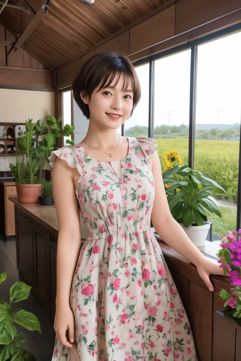 339 (20-year-old female, short hair), ( high image quality), (smile), ( Colorful Dress), ((Arietti's View of the World )), (BIG PLANTS ), (Dollhouse)