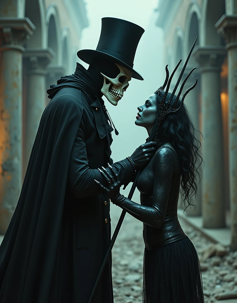 Blue-eyed skeletal skull wearing a black suit and black hat dancing with a woman dressed in red and red hair
