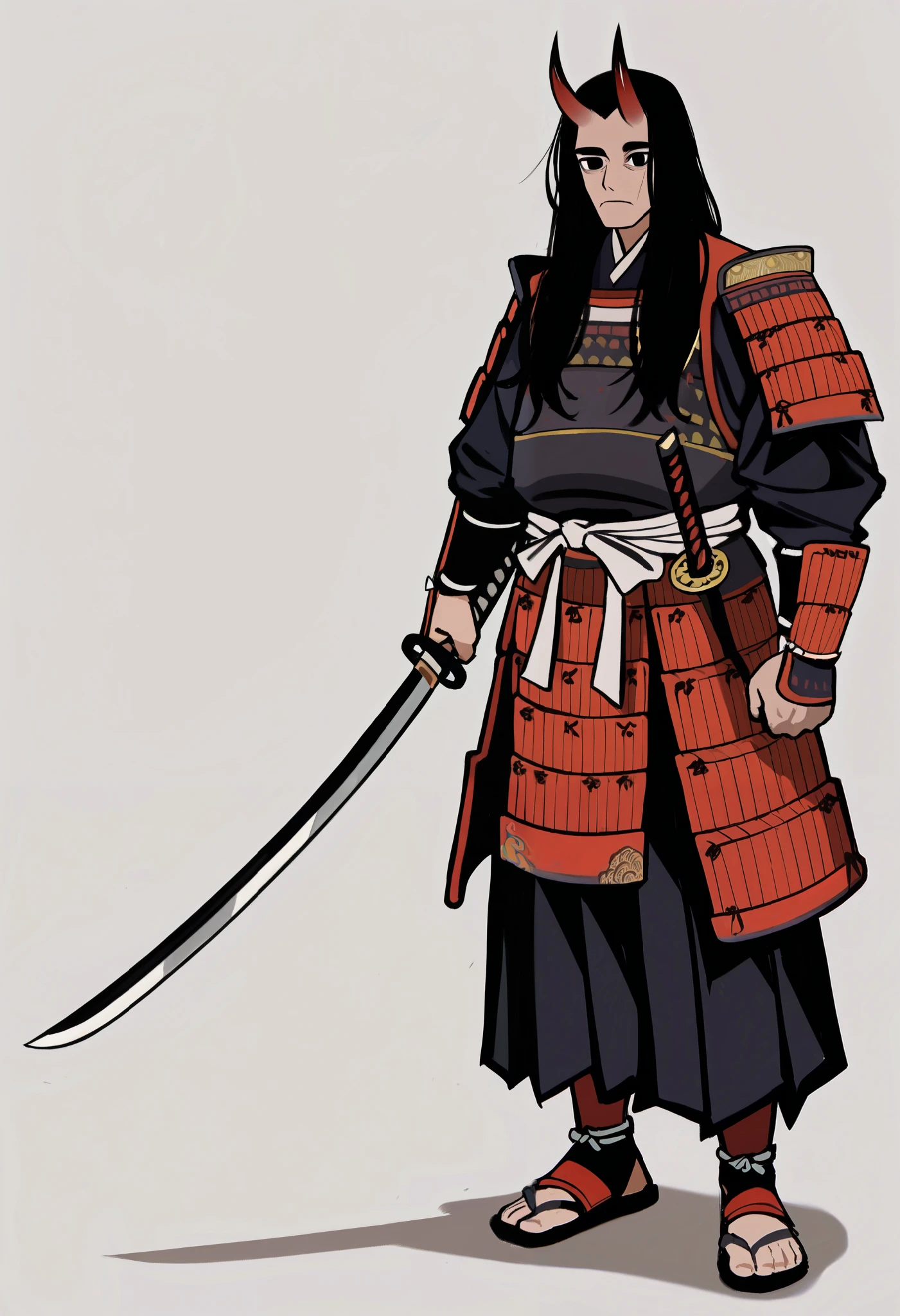 1boy, solo, mature man, veyonisLORA, oni, kemonomimi, oni horns, red horns, black hair, long hair, forehead, black eyes, empty eyes, white pupils, outlines, Japanese armor, katana, holding, shin guards, masterpiece, best quality, 8k, highres, detailed, sharp focus, white background, full body, score_9_up, score_8_up, score_7_up