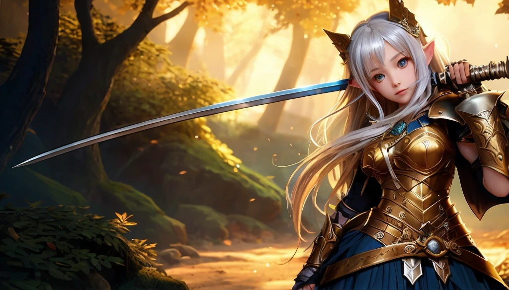  an elf with a sword 　Her hair is silver and her eyes are blue 　 pretty girl　 innocent 　 armor like medieval Europe　anime　3d　 high image quality