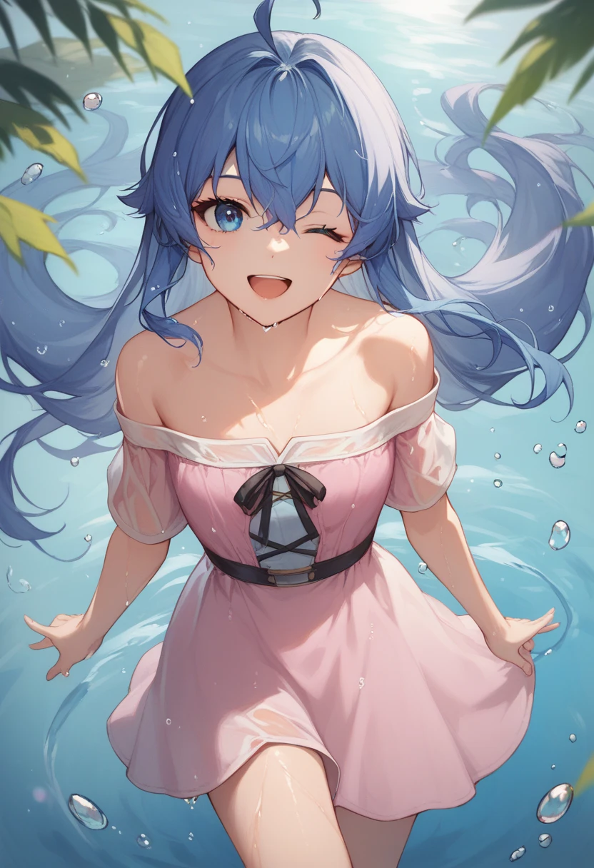 score_9, score_8_up, score_7_up, source_anime, solo, 1girl,roxy, ahoge, black ribbon, blue eyes, blue hair, hair between eyes, long hair, floating hair, pink Casual dress, wet, bare shoulder, strapless, light smile,water, floating water, smile, standing, looking at viewer ,newest, pov, happy, open mouth, one eye closed, bare legs