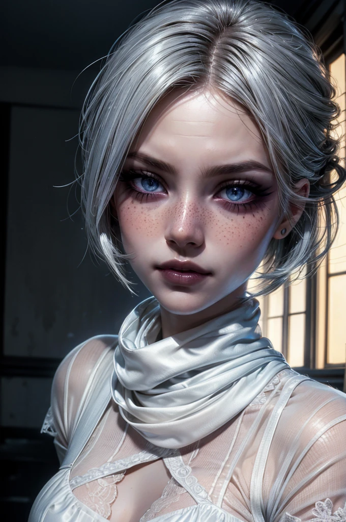 High Quality illustration,ultra detailed, Beautiful picture of A painting of a beauty, blue eyes and white hair , Fog, cinematic shot, haze lighting, 16k, uhd, blurry masterpiece,cinematic, epic, oil painting