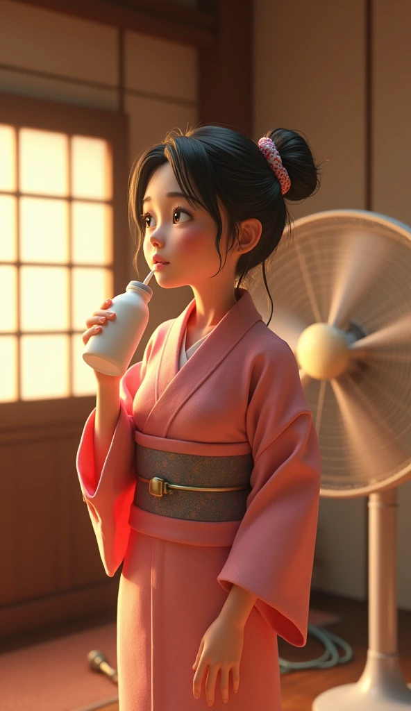 3D animation, theme "Japanese Yukata", Japanese hot spring inn recreation room, woman in yukata after bathing, towel around neck, one hand on hip, legs shoulder width apart, standing with legs apart, looking slightly upwards, drinking milk from a bottle, trumpet, wet hair sticking to cheek, large electric fan spinning in the background, comical scene, heartwarming scene, sophisticated design, advanced lighting technology, 8K quality