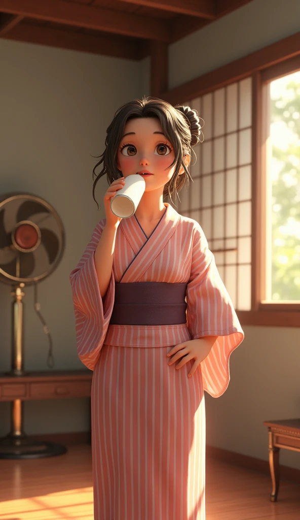 3D animation, theme "Japanese Yukata", Japanese hot spring inn recreation room, woman in yukata after bathing, towel around neck, one hand on hip, legs shoulder width apart, standing with legs apart, looking slightly upwards, drinking milk from a bottle, trumpet, wet hair sticking to cheek, large electric fan spinning in the background, comical scene, heartwarming scene, sophisticated design, advanced lighting technology, 8K quality