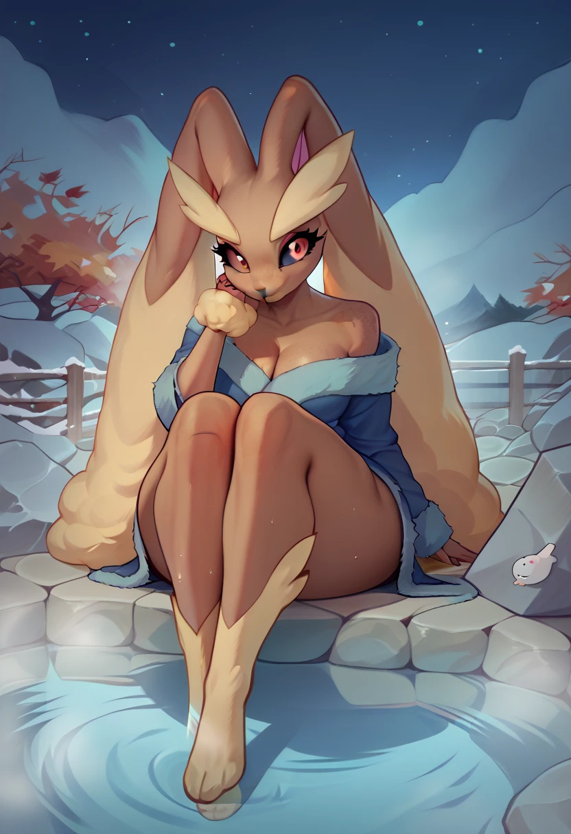 score_9, score_8_up, score_7_up, human boy, boy always human, weaver always human,  Lopunny - Pokemon. anthro, makeup,  perfect eyes, multicolored hair, wide hips, thick thighs, big boobs, beautiful body, perfect cute face, high detail, perfect cute face, high detail, perfect face, absurdres, highres, freckles, bathrobe, sitting, knees up, full body view, seductive, low transparency, sexy pose, outdoors, (night:1.5), night sky, onsen, fence, rock, water, fog, autumn leaves, snowy mountains, score_9_up, score_8_up, score_7_up