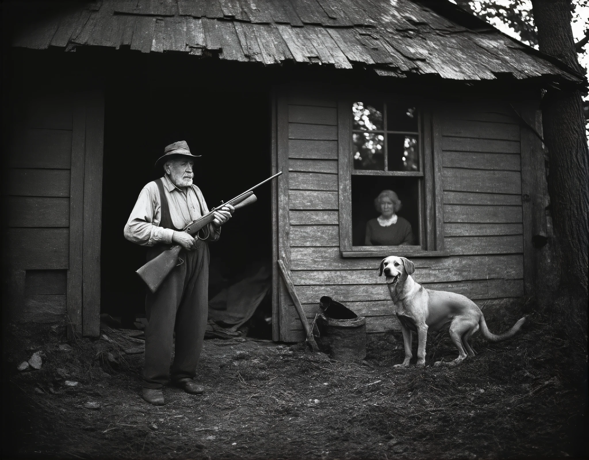 Create a cinematic-quality, ultrawide black-and-white photo of an old rural cabin in a Southern setting reminiscent of the early 1900s. The cabin is rustic, made of uneven vertical planks, many of which are rotten. In front of the cabin stands an elderly gentleman holding an old long-barreled rifle. He is dressed in the ragged, dirty clothes typical of the poor class of that era, including mid-calf pants, suspenders, and a straw hat. Beside him sits a loyal country dog. Through the window of the cabin, the silhouette of an old woman can be seen. The overall mood should evoke a sense of historic rural life, set in temperate forest, with coniferous trees all around.