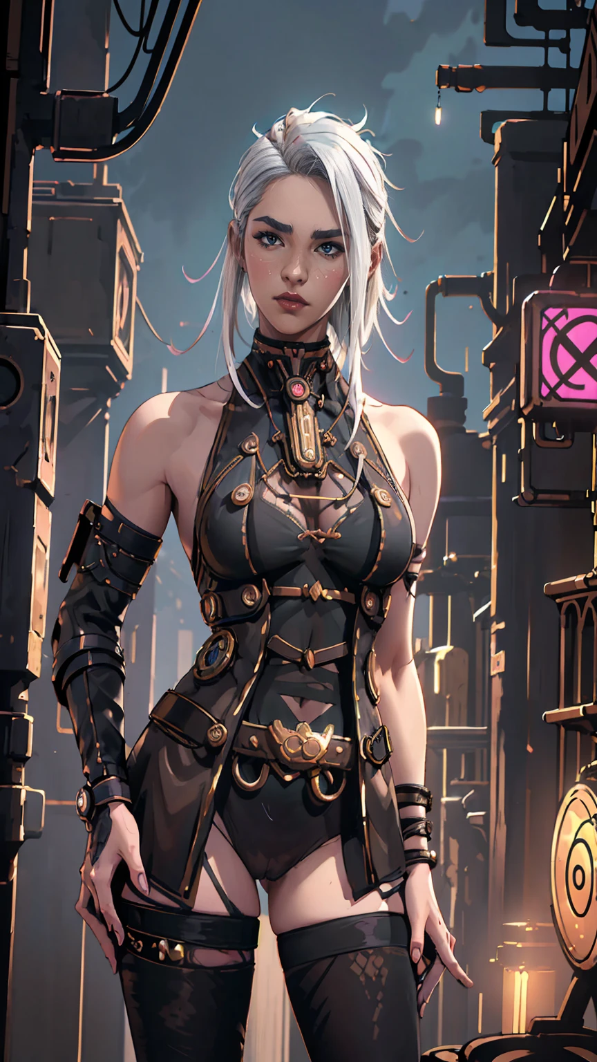 (Ultra-detailed face, looking away), (Fantasy Illustration with Gothic & Ukiyo-e & Comic Art), (A middle-aged dark elf woman with silver hair, blunt bangs, bob cut and dark purple skin, lavender eyes), (She has her goggles shifted to her forehead and is wearing red quilted armor and red boots), BREAK (She is in a dark, abandoned room in a clock tower, her face close to the wall in a daring pose, reaching out and turning a handle in an attempt to solve a puzzle of gears on the wall), BREAK (In the background, we see crumbling clock parts and a snapping, pale, glowing ball floating in the air)