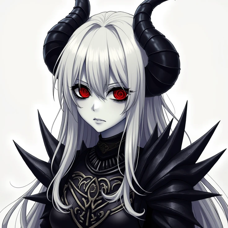 an evil white haired demon, holding a whip, sexy outfit, red eyes, black. Horn, fantasy background