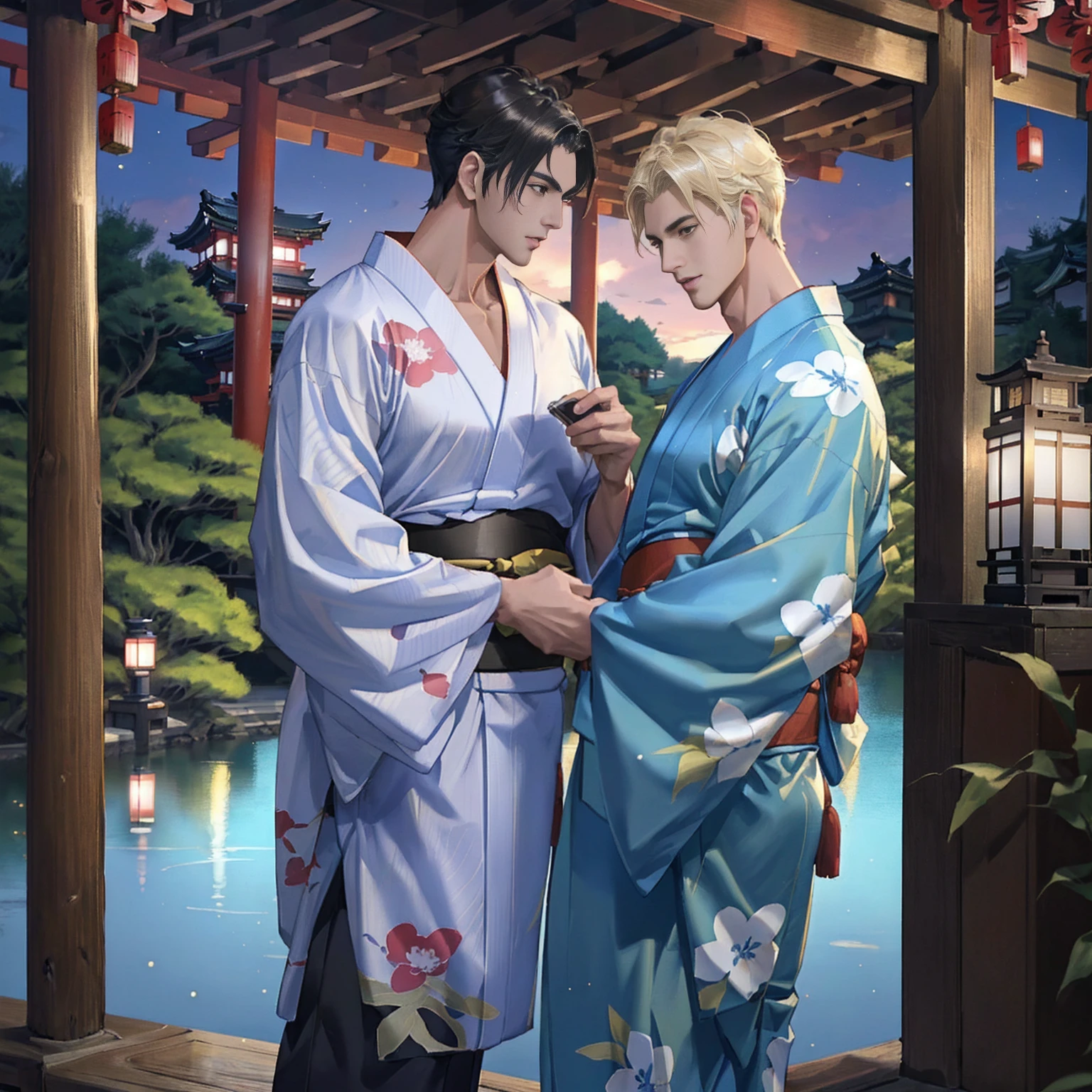 3 men talking on the edge of an ornamental lake in the courtyard of a house, Japanese style, YUKATA, ((ultra quality)), anime enhancement, ((8k resolution, masterpiece, best quality, elaborate details)), ultra detailed, ultra sharp, perfect colors, perfectly shaded, perfect lighting, very detailed face, perfect anatomy, 