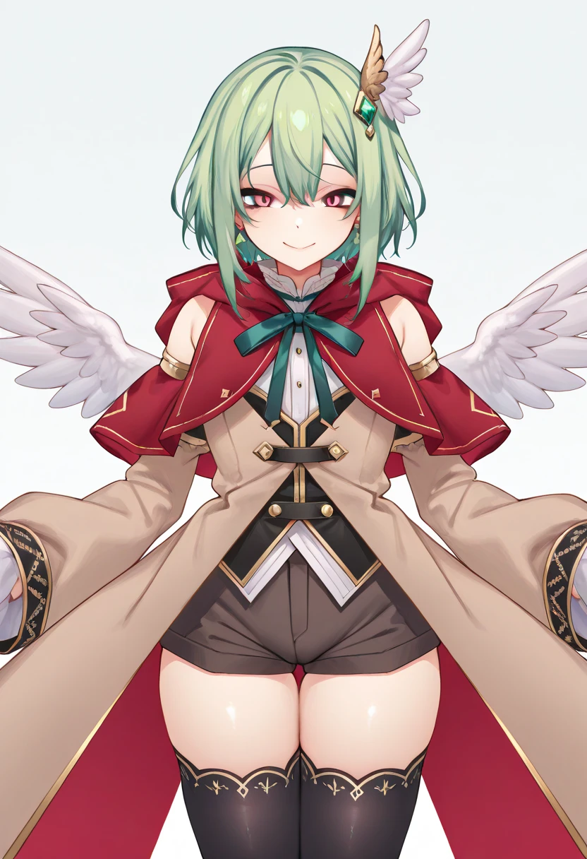 score_9, score_8_up, score_7_up, rating_explicit, BREAK
seele zauga, 1girl, solo, thighhighs, wings, earrings, hair ornament, short green hair, red capelet, detached sleeves, brown coat, shorts, neck ribbon,
looking at viewer, smile