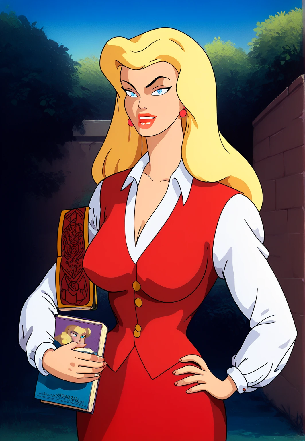 PonyXLV6_Scores BREAK (1980s (style), retro artstyle, perfect anatomy, perfect eyes, cowboy shot), BREAK felicia hardy, long hair, blonde hair, blue eyes, flirting, raised eyebrow, ((looking at viewer)), lipstick, makeup, large breasts, athletic, curvy, toned, jewelry, earrings, vest, long sleeves, skirt, sexually suggestive pose, standing, hands on hip, holding book, outdoors