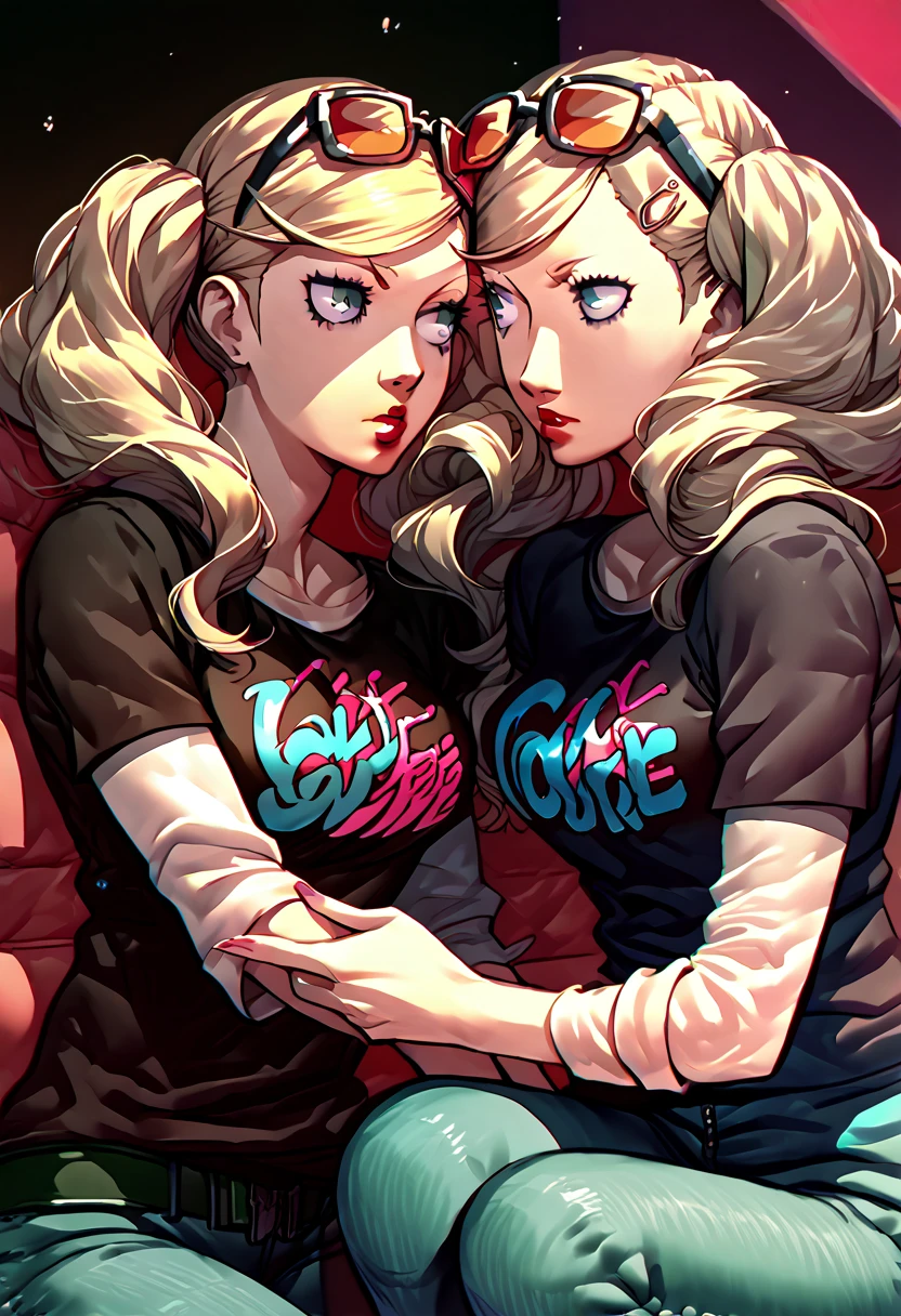 2 girls, sunglasses on head, lipstick, black t-shirt, clothes writing, layered sleeves, large breasts, jeans,Ann Takamaki, Shiho Suzui,