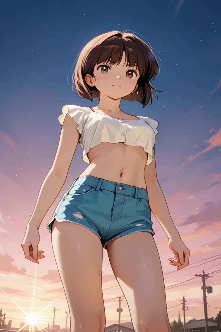 A highly detailed and high resolution image of "Nabiki Tendo" [from Ranma 1/2]; Japanese girl with short dark brown hair; cute, wearing a skimpy crop top and daisy duke shorts (very short shorts); bare arms; bare legs; she has a mischievous look on her face like she is going to scam you; background of a Japanese park in Tokyo; BREAK: quality\(8k,wallpaper of extremely detailed CG unit, high resolution, top-quality, top-quality real texture skin, hyper realistic, increase the resolution, RAW photos, best quality, highly detailed, the wallpaper, golden ratio, high saturation realism, vibrant colors, dramatic lighting, persuasive storytelling, atmospheric scenery, captivating visuals, intricate details, strong emotions, dreamlike world\),(dynamic angle:1.4)