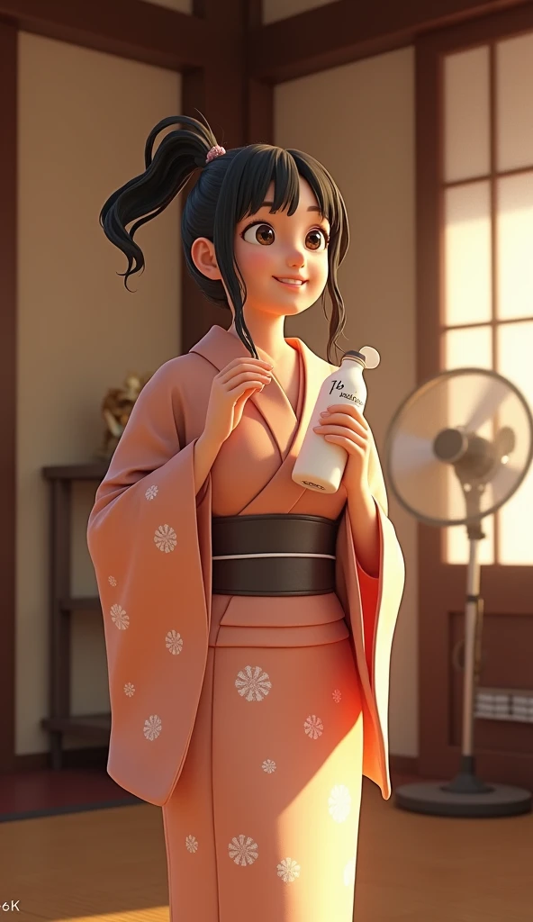 3D animation, theme "Japanese Yukata", Japanese hot spring inn recreation room, woman in yukata after bathing, towel around neck, one hand on hip, legs shoulder width apart, standing with legs apart, looking slightly upwards, drinking milk from a bottle, trumpet, wet hair sticking to cheek, large electric fan spinning in the background, comical scene, heartwarming scene, sophisticated design, advanced lighting technology, 8K quality